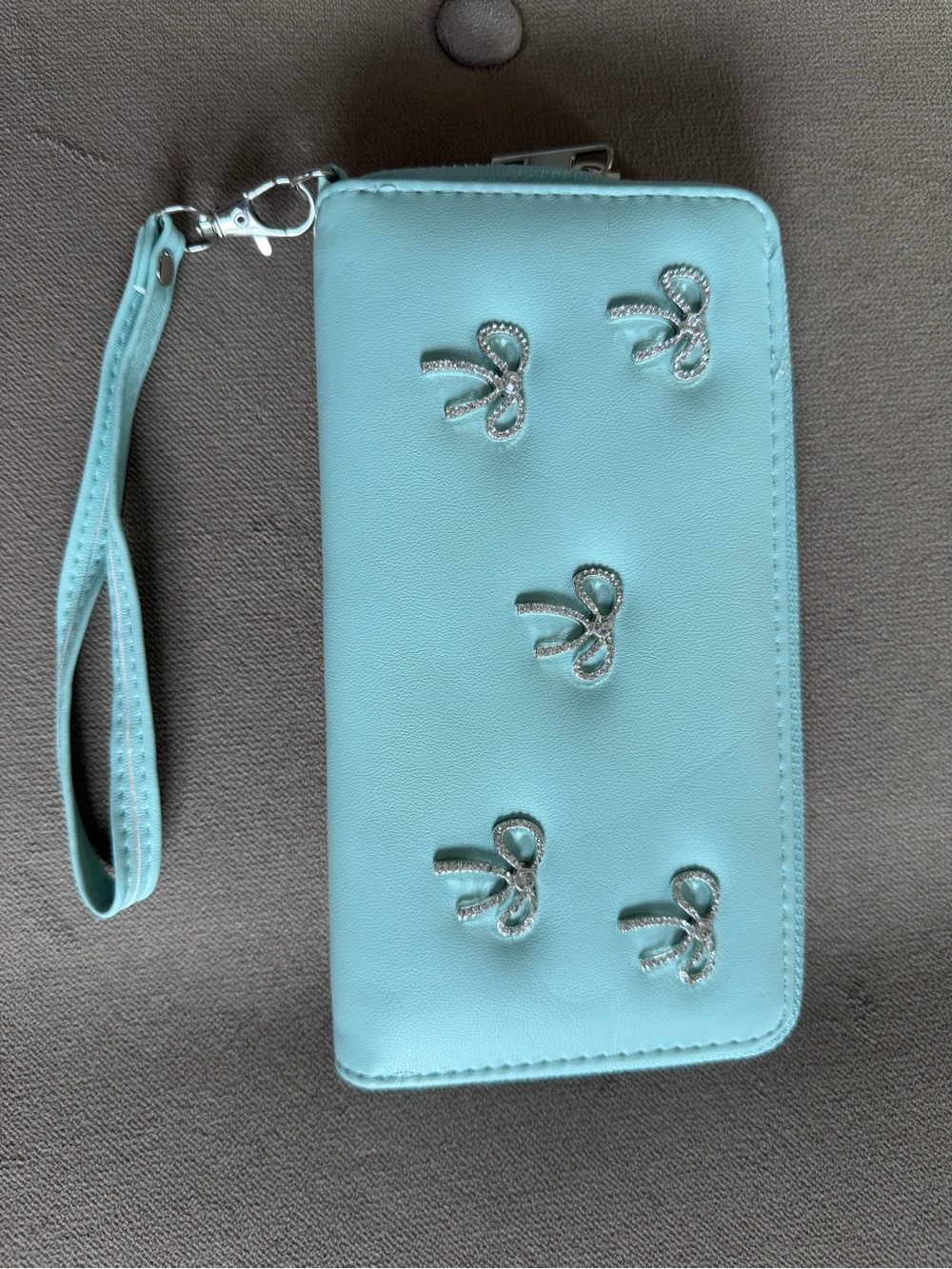 Aqua Rhinestone Bow Accent Wristlet Wallet